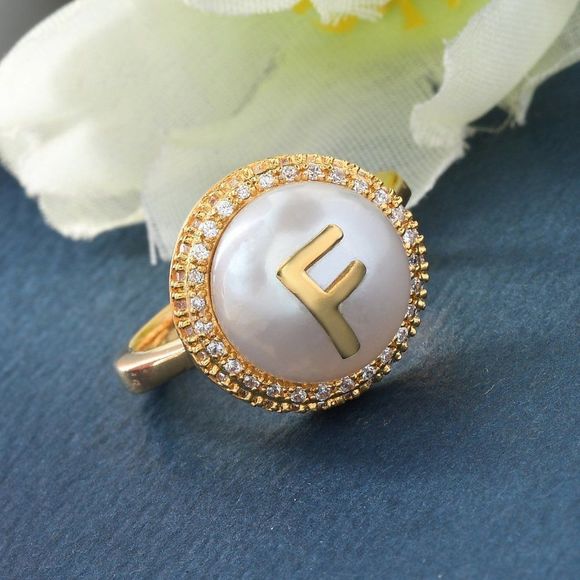 Freshwater Pearl 12mm and Simulated Diamond Initial F Ring in 18K YG Pla… - Picture 2 of 8
